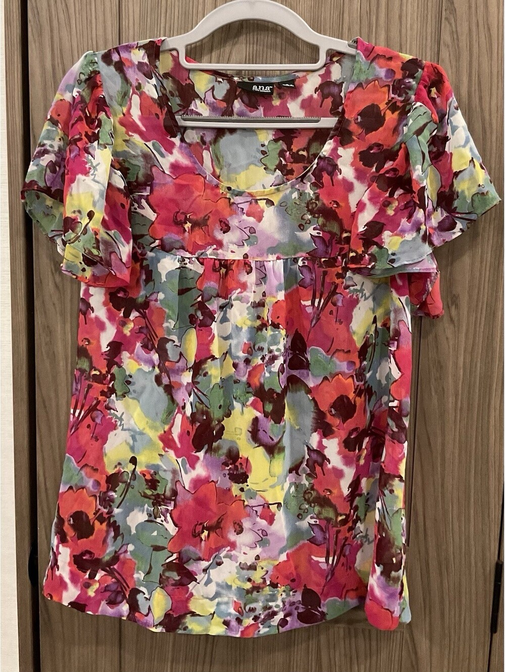 A.N.A Womens Round Neck Short Sleeve Sheer Blouse Size S